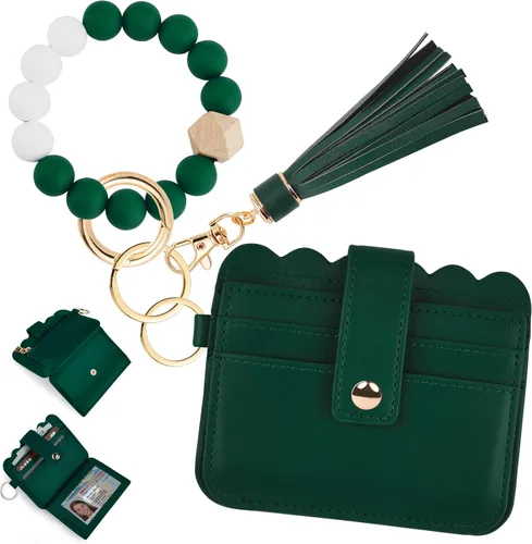 Vista 8 de Cartera de pulsera para mujer con llavero – Tarjetero RFID pequeña cartera con llavero Beige