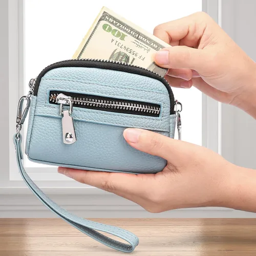 Vista 6 de SENDEFN Monedero para mujer de cuero con doble cremallera alrededor de bolsa pequeña, Azul