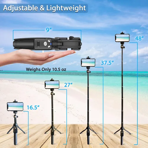 Vista 3 de Fugetek Palo selfie compacto de 42 pulgadas y trípode, extensible, control remoto inalámbrico Bluetooth, aluminio ligero, listo para viajar