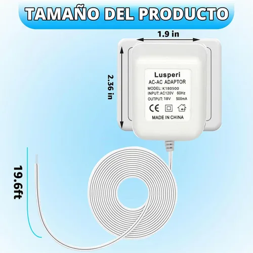 Vista 2 de Cable extra largo de 19.7 pies, transformador de timbre de 18V500mA compatible con timbres de video inalámbricos Ring, Nest, Eufy, Wyze, Arlo