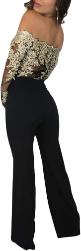 Vista 2 de Aro Lora Enterizo con hombros descubiertos para mujer, bordado floral, encaje transparente, pierna ancha