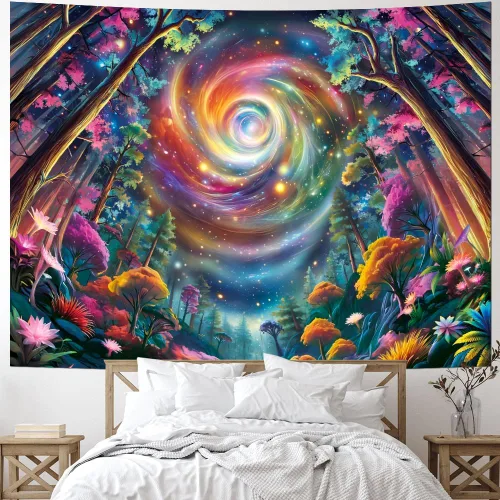 Vista 3 de Tushelia Tapiz espacial de galaxia con luz negra, tapiz reactivo a los rayos UV, tapiz de árbol de bosque con plantas florales, tapiz que brilla