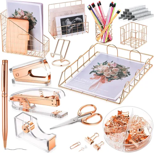 Vista 7 de Yaomiao Juego de accesorios de escritorio de 13 piezas, organizador de suministros de oficina, profesores, mujeres, regalo escolar, grapadora Dorado