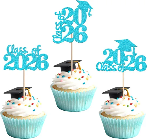 Vista 33 de 24 piezas 2026 temáticas de graduación 2026 decoraciones para cupcakes con purpurina clase de 2026 Diploma Congrats 2026 Tapa de graduación
