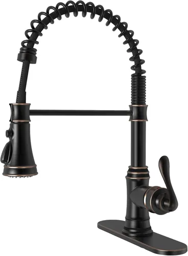 Vista 13 de BWE Grifo de cocina, grifo de fregadero de cocina con rociador extraíble, grifo de arco alto de una sola manija en negro y oro cepillado con 3 modos