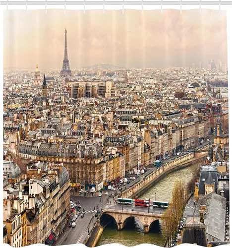 Vista 2 de Ambesonne Cortina de ducha de la Torre Eiffel, calles de París, edificios de día ocupado, impresión fotográfica, puente de río, ciudad, horizonte
