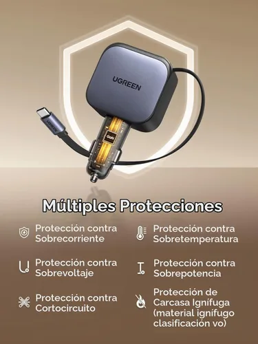 Vista 8 de UGREEN Cargador de coche 2C1A de 60 W con cable retráctil, cargador rápido de 3 puertos con 30 W PD USB-C, USB-A, adaptador de encendedor