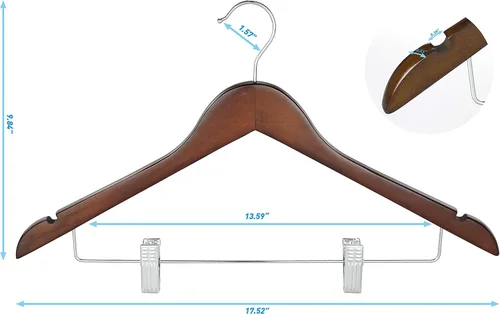 Vista 7 de TOPIA HANGER Perchas de madera para trajes con clips de metal ajustables (paquete de 10), perchas de ropa de madera maciza, gancho giratorio