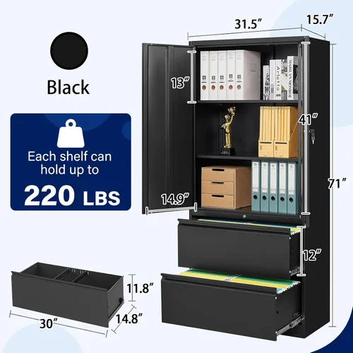 Vista 3 de Yizosh Armario de almacenamiento de metal con 2 cajones, archivador de acero de 71 pulgadas con cerradura con 2 puertas y 2 estantes para sala