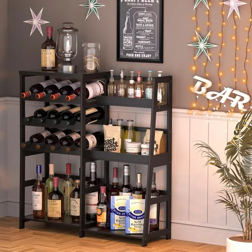 Vista 3 de VASMIA Soporte versátil para licor para bar en el hogar, estante para vino, mesa de bar con botella de licor trapezoidal de bambú, gabinete