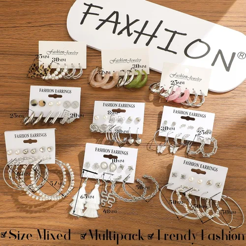 Vista 8 de Juego de 45 pares de aretes de aro dorados y plateados para niñas y mujeres, paquete múltiple de aretes colgantes de perlas gruesas trenzadas