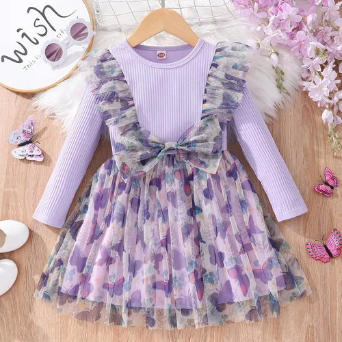 Vista 7 de Camidy Vestido de manga larga para niña pequeña, con volantes, estampado de mariposa, lazo, tutú para fiesta casual, vestido de princesa de 2 a 6