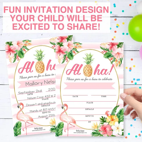 Vista 5 de Hadley Designs 25 invitaciones de fiesta en la piscina para niñas, invitaciones de cumpleaños tropicales hawaianas para niños y adultos, perfectas