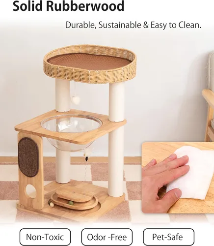 Vista 4 de Árbol de madera para gatos grandes, torre moderna para gatos con estantes anchos, postes rascadores de algodón, base súper resistente, perchas