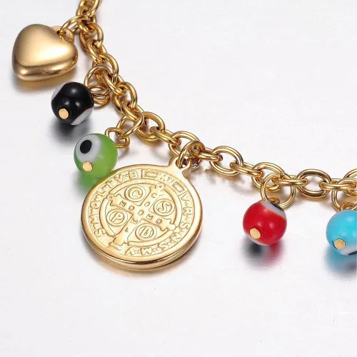 Vista 2 de Pulsera de acero inoxidable con cuentas de mal de ojo de langosta San Benito, plata de 7 pulgadas Z39