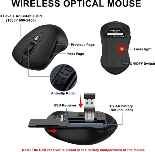 Vista 6 de Combo de teclado y mouse inalámbricos, teclado de computadora silencioso de tamaño completo y ratones inalámbricos con 3 DPI ajustables, 2.4G sin