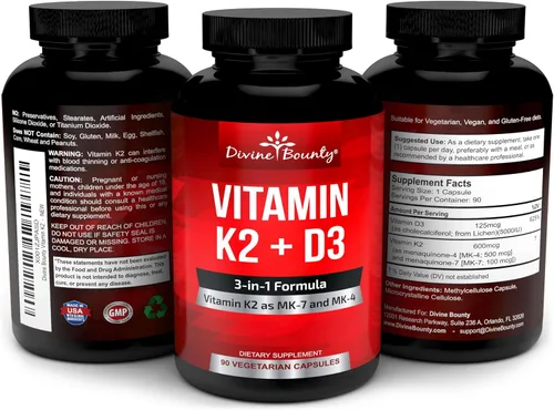 Vista 4 de Divine Bounty Vitamina K2 (MK7 y MK4) con suplemento D3 (5000 UI), 90 cápsulas