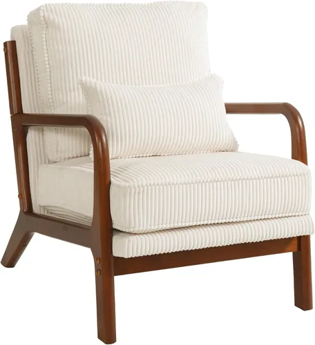 Vista 9 de FLEXISPOT AC1 - Silla decorativa, sillón moderno de mediados de siglo con marco de madera, cómoda silla de lectura tapizada de pana con almohada