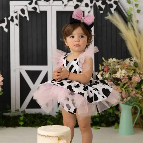 Vista 4 de Vestido de mameluco para niñas pequeñas con estampado de vaca, ropa de tul para recién nacidas, tutú elegante (multicolor, 3-4 años)