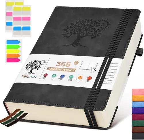 Vista 20 de PERCUN Cuaderno rayado A4, 365 páginas de gran tamaño, cuadernos de cuero para escribir para mujeres y hombres, cuaderno de tapa dura con páginas