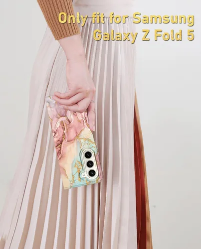 Vista 7 de Btscase Funda para Samsung Galaxy Z Fold 5, protector de pantalla frontal integrado, patrón de mármol dorado con purpurina de policarbonato duro