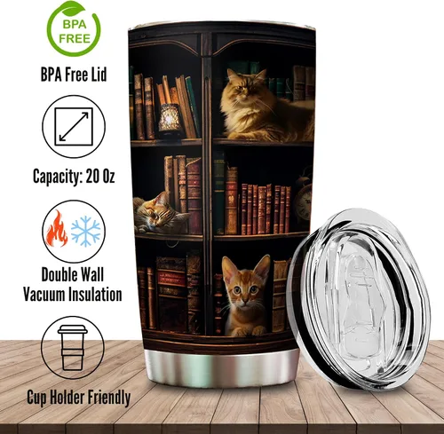 Vista 3 de 2IMT Taza de Libro para Gatos y Amantes de la Lectura Taza de Viaje para la Biblioteca Regalos para Amantes de los Libros y de los Gatos