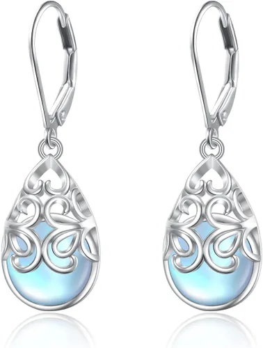 Vista 80 de Aretes colgantes de filigrana de plata de ley 925, margarita, loto, flor de rosa, piedra lunar, lágrima para mujer, nudo celta infinito, margarita