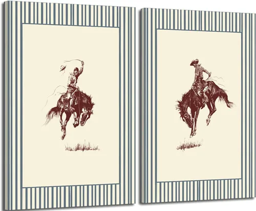 Vista 8 de 2 piezas de arte de pared de vaquero occidental, cuadros de decoración de pared de vaqueros a rayas sobre caballos, impresiones de pósters de lienzo