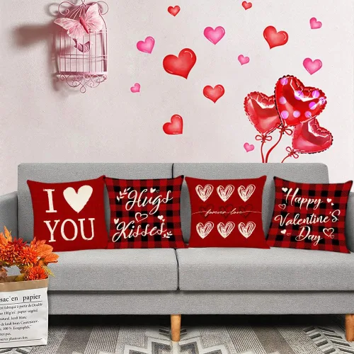 Vista 5 de Juego de 4 fundas de almohada de 16 x 16 pulgadas, diseño de corazón rojo con diseño de corazón de amor, fundas de almohada de aniversario de boda