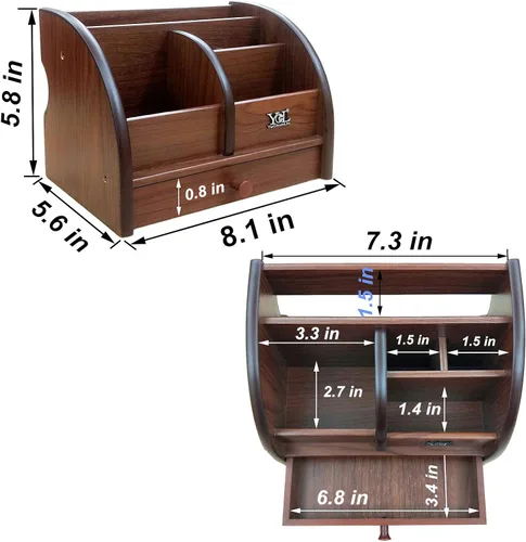 Vista 6 de Caja de almacenamiento de madera para control remoto con cajón delgado para organizador de escritorio de hogar y oficina, porta bolígrafos/lápices