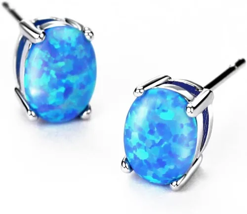 Vista 3 de Sterling Silver Opal Stud Earrings for Women Solitaire 6x8mm Oval Cut Opal Gemstone Earrings for Girls