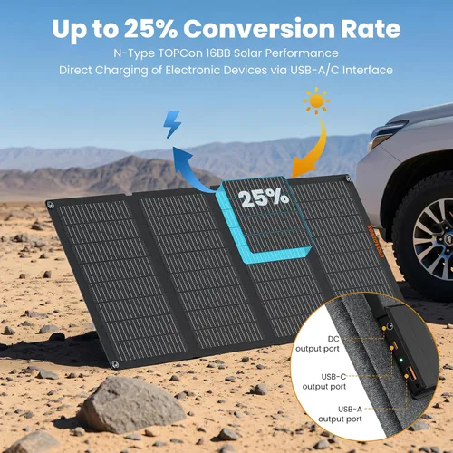 Vista 4 de Paneles solares portátiles de 50 W, cargador de panel solar plegable IP68 impermeable con puertos USB-A y USB-C, salida de 18 V CC para pequeña