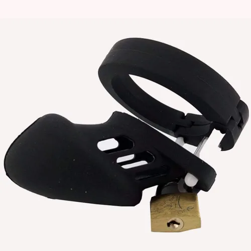Vista 7 de Dispositivo de castidad masculino de silicona suave con 5 anillos, dispositivo de jaula de castidad masculina de color negro con cerradura y llave