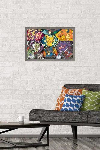 Vista 2 de Trends International Pokémon: Battle Art - Póster de pared de grupo, 22.4 pulgadas de largo x 14.7 pulgadas, versión enmarcada en madera de granero
