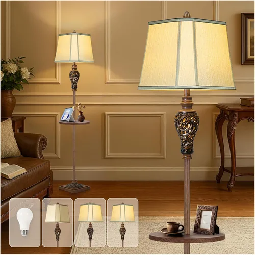 Vista 9 de LuxSight Collection Lámpara de pie rústica de 65 pulgadas de alto con pantalla de tela de lino de esquina de corte de luz nocturna, lámpara de pie
