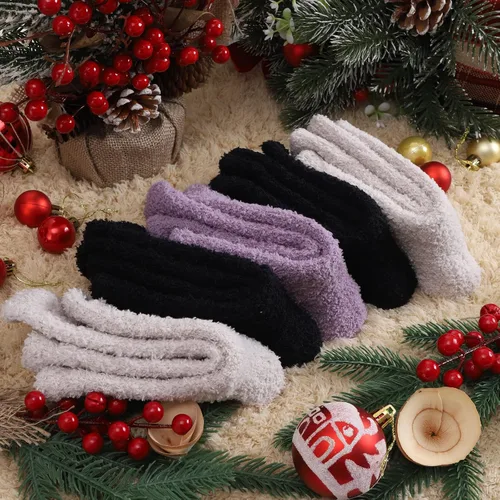 Vista 5 de Calcetines mullidos para mujer, calcetines suaves y esponjosos, calcetines de felpa gruesos y acogedores, calcetines de Navidad para mujer, 5 pares