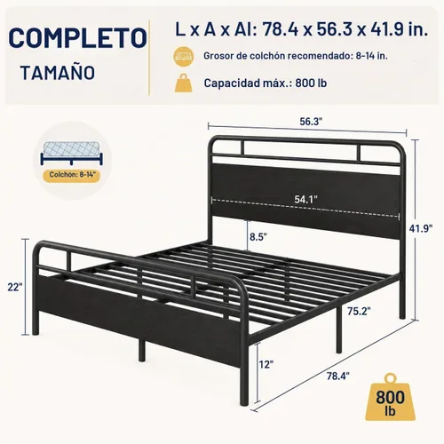 Vista 2 de Allewie Base de cama de plataforma de tamaño completo con cabecera y pie de cama de madera, soporte de 13 listones de metal resistente Roble negro