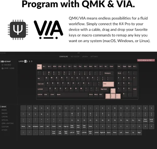 Vista 2 de Keychron Teclado mecánico personalizado K4 Pro con interruptor marrón K Pro intercambiable en caliente, QMK/VIA Macro programable Bluetooth