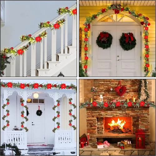 Vista 7 de DR.DUDU Guirnalda de Navidad artificial preiluminada de 6 pies con 20 luces LED, funciona con pilas con piñas, bayas rojas, agujas de pino, corona