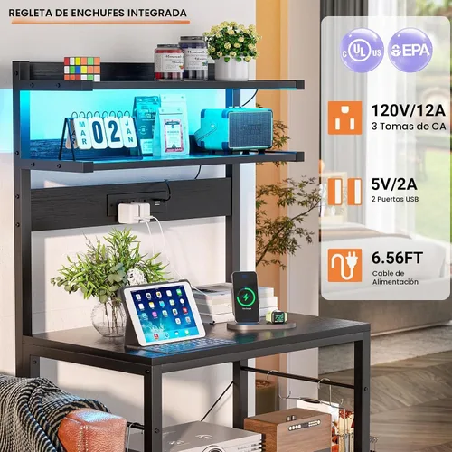 Vista 3 de Aheaplus - Estantería de cocina con toma de corriente, soporte para microondas, estación de café de 5 niveles con luces LED, estante