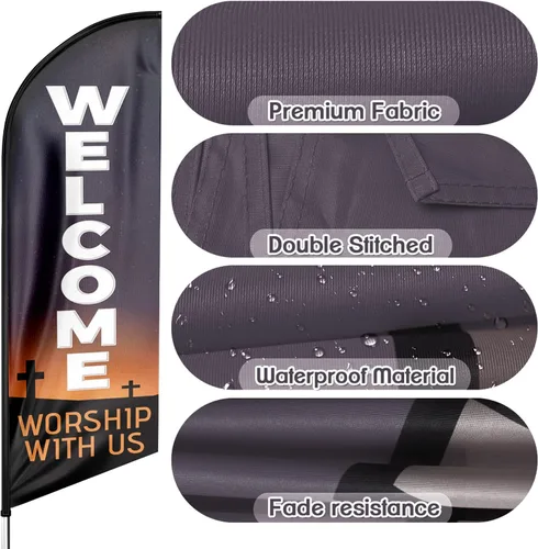 Vista 3 de Bandera de bienvenida adoración con nosotros Publicidad Swooper, bandera de 8 pies de bienvenida, adoración con nosotros, bandera de plumas