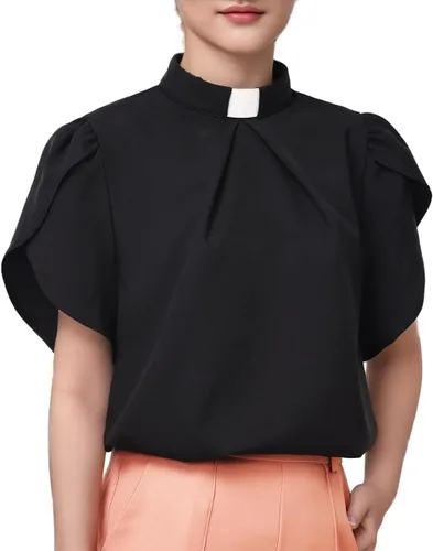 Vista 2 de Camisa de clero de iglesia para mujer, cuello con pestaña frontal, plisada, manga pétalo