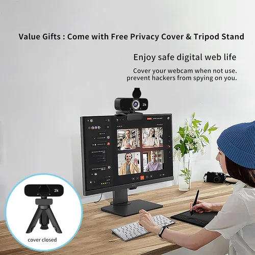 Vista 4 de Cámara web para computadora, USB Plug & Play, corrección automática de poca luz, cubierta de privacidad, trípode, gran angular para reuniones, video
