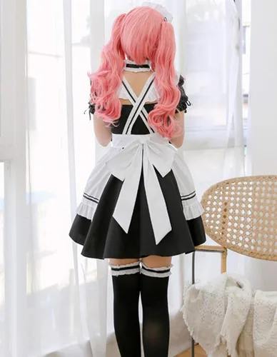 Vista 4 de GRAJTCIN Disfraz de sirvienta francesa de anime para mujer disfraz de cosplay de Lolita con calcetines