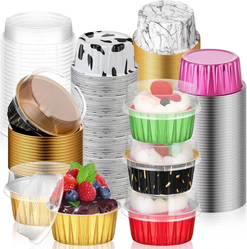 Vista 10 de 120 Pcs Moldes de Papel de Aluminio para Hornear Mini Moldes para Pasteles con Tapas 5 oz Forros para Cupcakes Moldes Desechables para Magdalenas