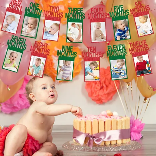 Vista 5 de Cartel de fotos de Navidad para el primer cumpleaños, pancarta de fotos con purpurina para recién nacidos a 12 meses, fotografía de hitos mensuales