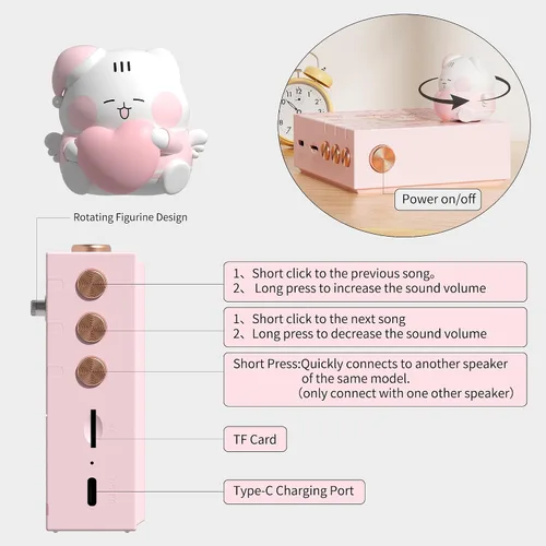 Vista 4 de ICARER - Altavoz pequeño inalámbrico, altavoz Bluetooth de animales Kawaii con tiempo de reproducción de 20 horas y tarjeta TF, caja de música