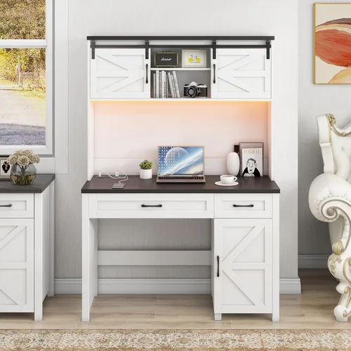 Vista 11 de Escritorio ejecutivo de granja de 67 pulgadas de alto con gabinete, mesa de oficina con luz LED y 4 cajones, escritorio para computadora