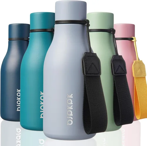 Vista 38 de BJPKPK Botellas de agua aisladas, botella de agua de metal de acero inoxidable de 12 onzas con correa, sin BPA a prueba de fugas, jarras, tazas