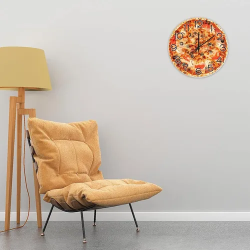 Vista 3 de Reloj redondo de madera para pared, comida y pizza, con números arábigos, silencioso, sin tictac, funciona con pilas, para decoración de casa